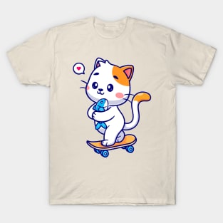 Cute Cat Holding Fish On Skateboard Cartoon T-Shirt